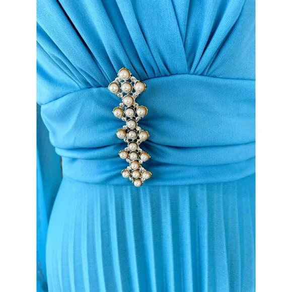Vintage 1970s Blue Dressy Maxi Dress Pleated Skirt Rhinestone Pearls Size M - Picture 15 of 16